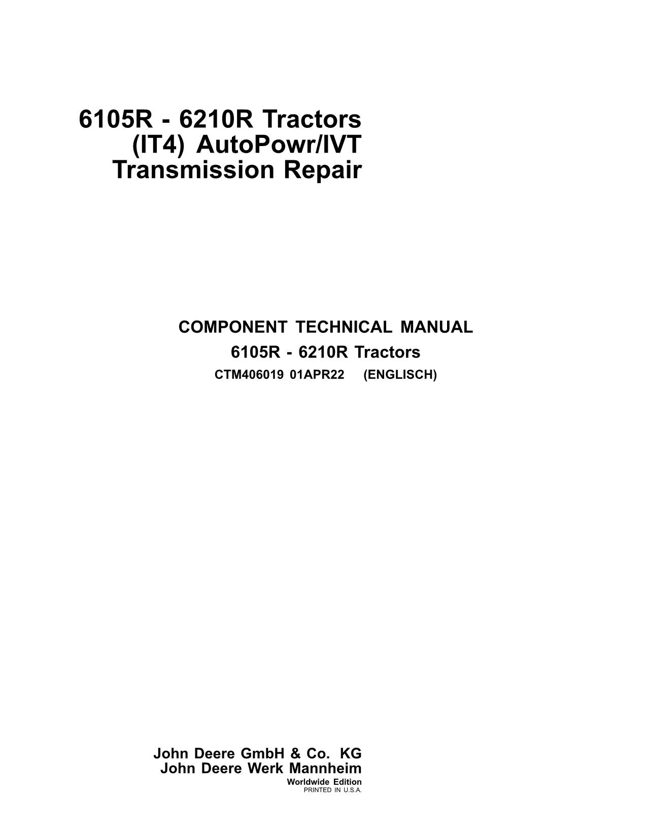 JOHN DEERE 6150R 6150RH 6170R 6190R 6210R 6210RE IT4 GETRIEBE SERVICEHANDBUCH