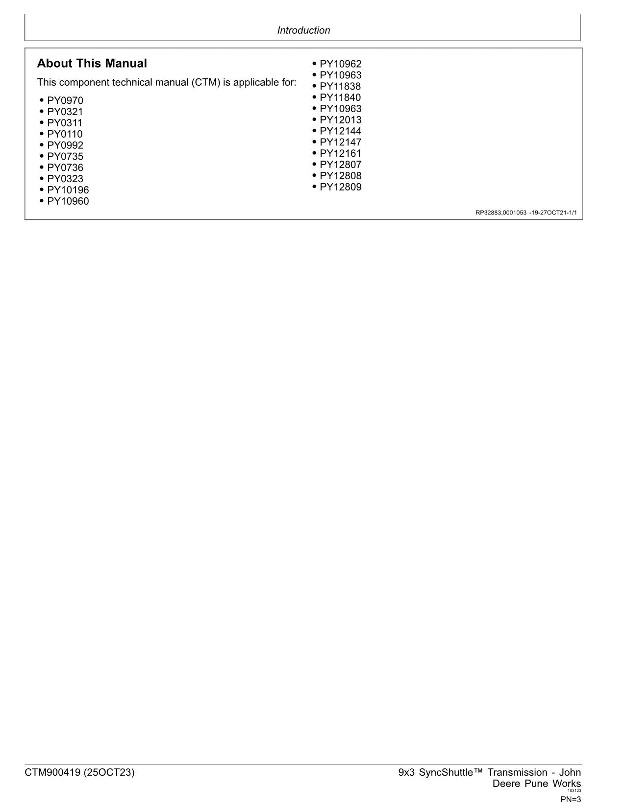 JOHN DEERE PY0970 9x3 SYNCSHUTTLE  TRANSMISSION SERVICE MANUAL