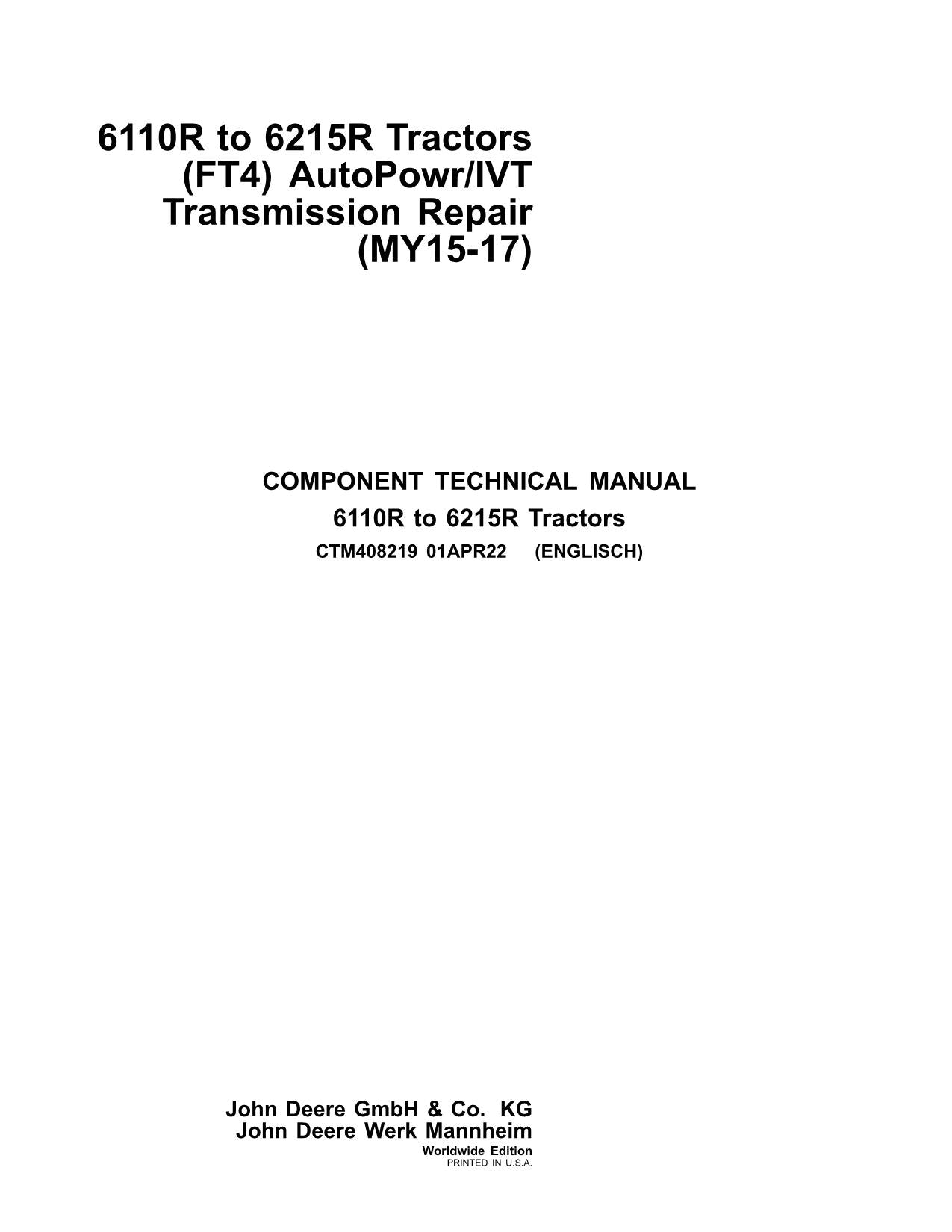 JOHN DEERE 6110R 6215R FT4 AUTOPOWR IVT TRANSMISSION SERVICE REPAIR MANUAL