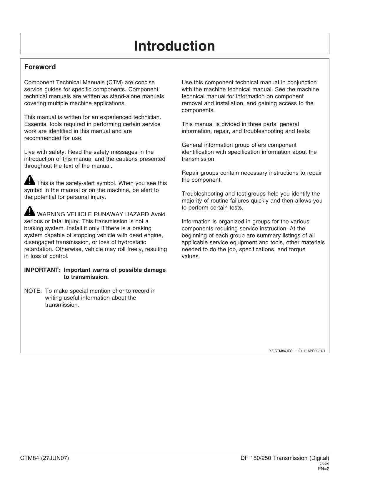 JOHN DEERE 150 250 DF SERIES DIGITAL TRANSMISSION SERVICE MANUAL