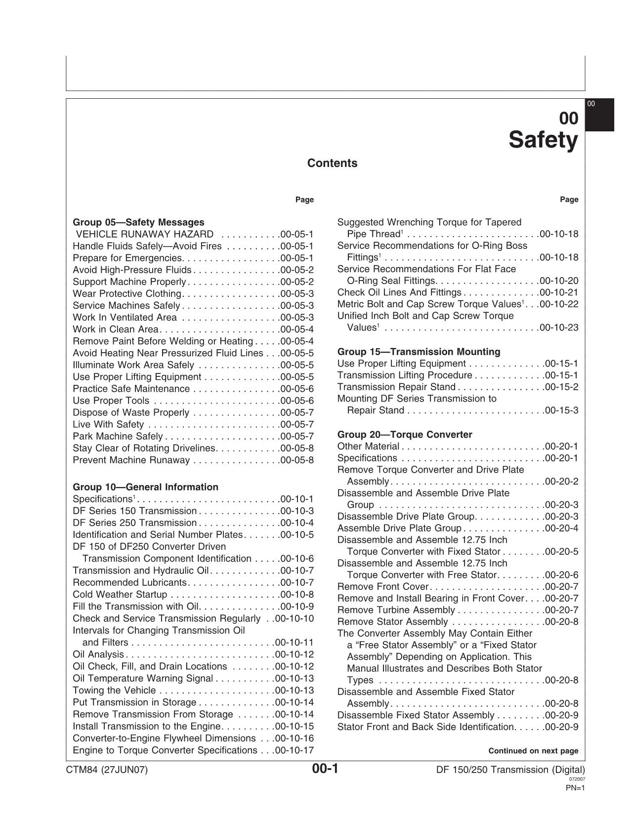 JOHN DEERE 150 250 DF SERIES DIGITAL TRANSMISSION SERVICE MANUAL