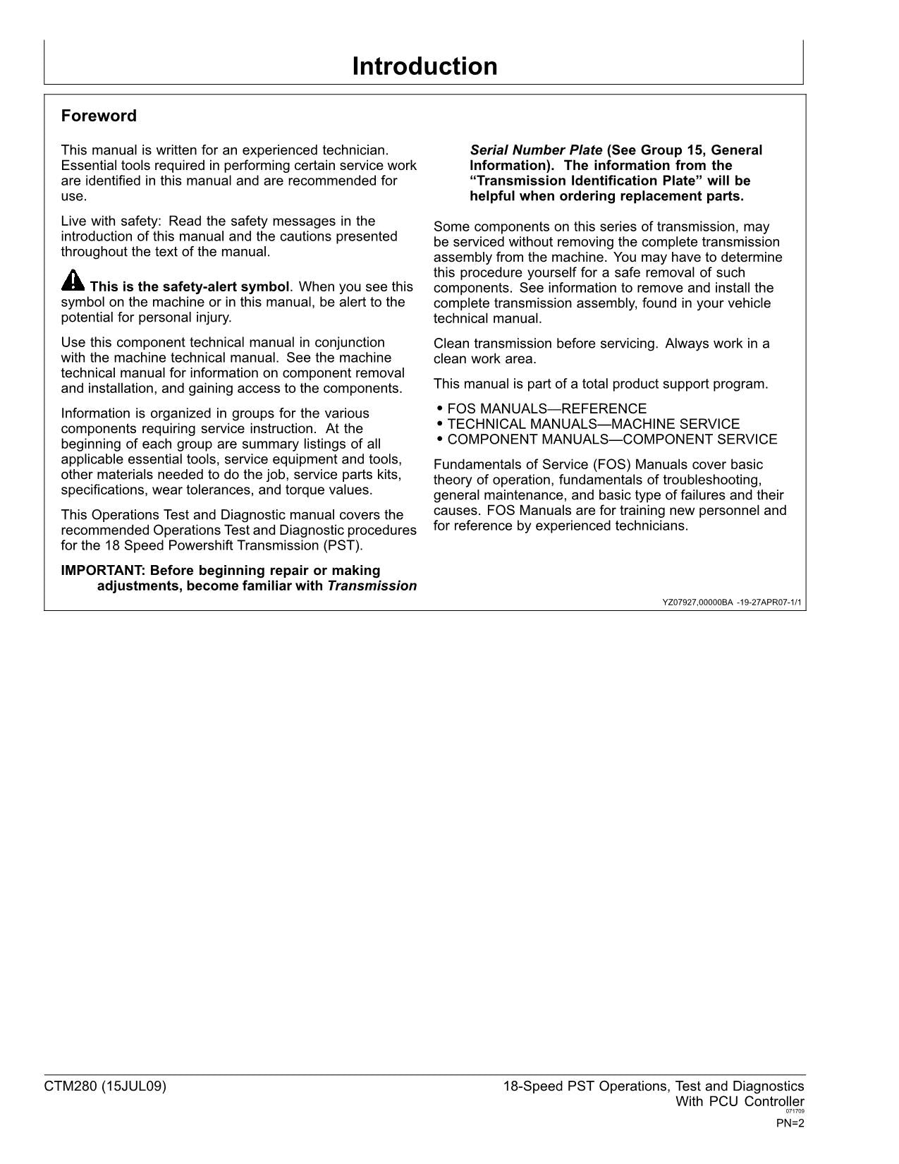 JOHN DEERE 9220 9320 9420 9520 TRANSMISSION OPERATIONS TEST DIAGNOSTIC MANUAL