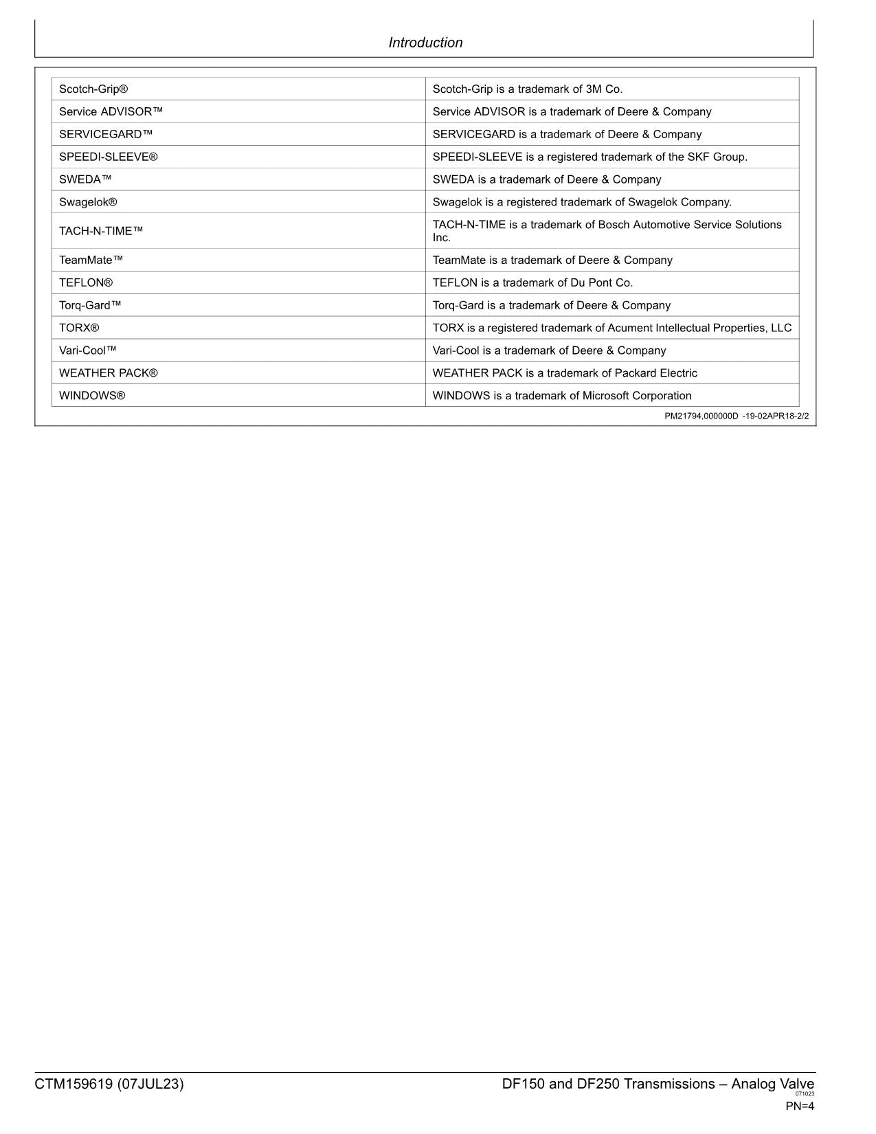 JOHN DEERE DF150 DF250 ANALOG VALVE TRANSMISSION SERVICE MANUAL