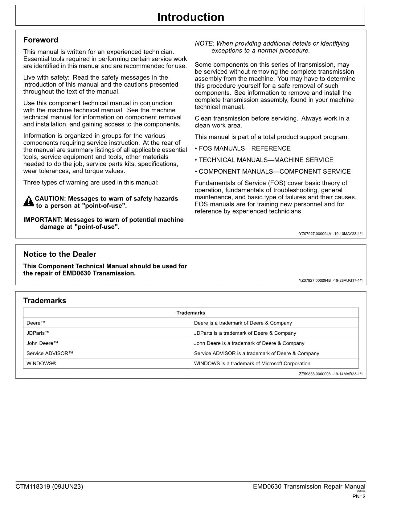 JOHN DEERE EMD0630 TRANSMISSION TRANSMISSION REPAIR SERVICE MANUAL