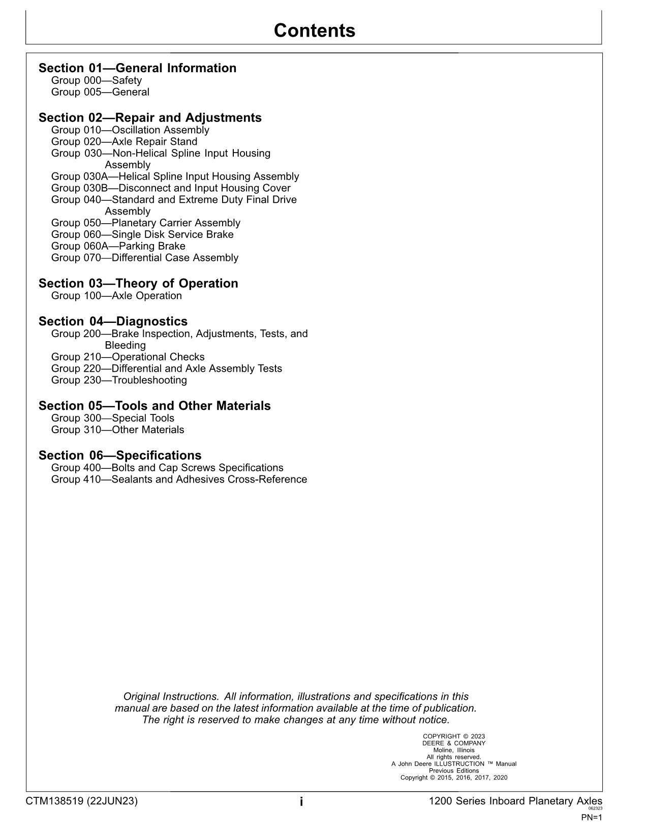 JOHN DEERE 1200 SERIES INBOARD PLANETARY AXLE REPAIR SERVICE MANUAL CTM138519