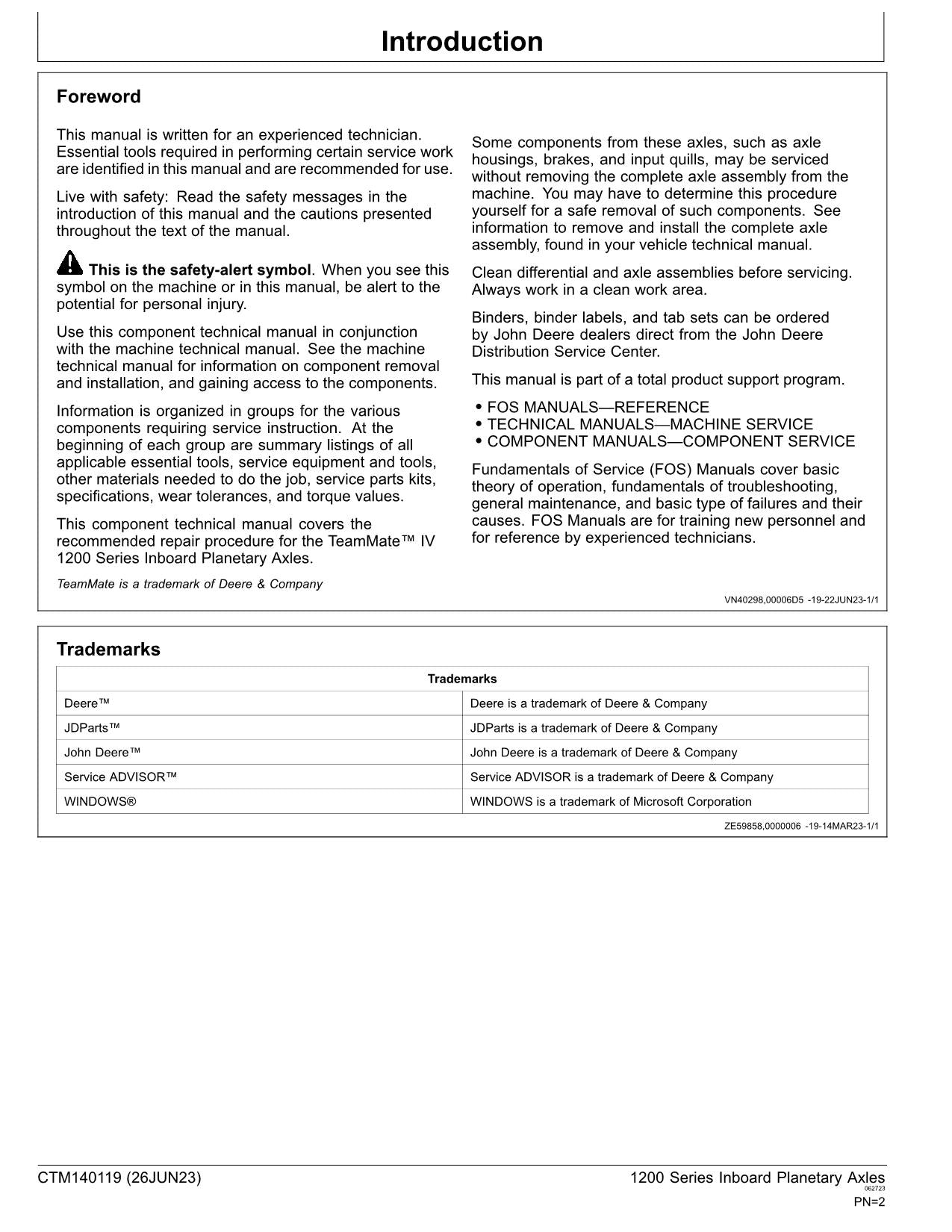 JOHN DEERE 1200 IV SERIES INBOARD PLANETARY AXLES SERVICE MANUAL