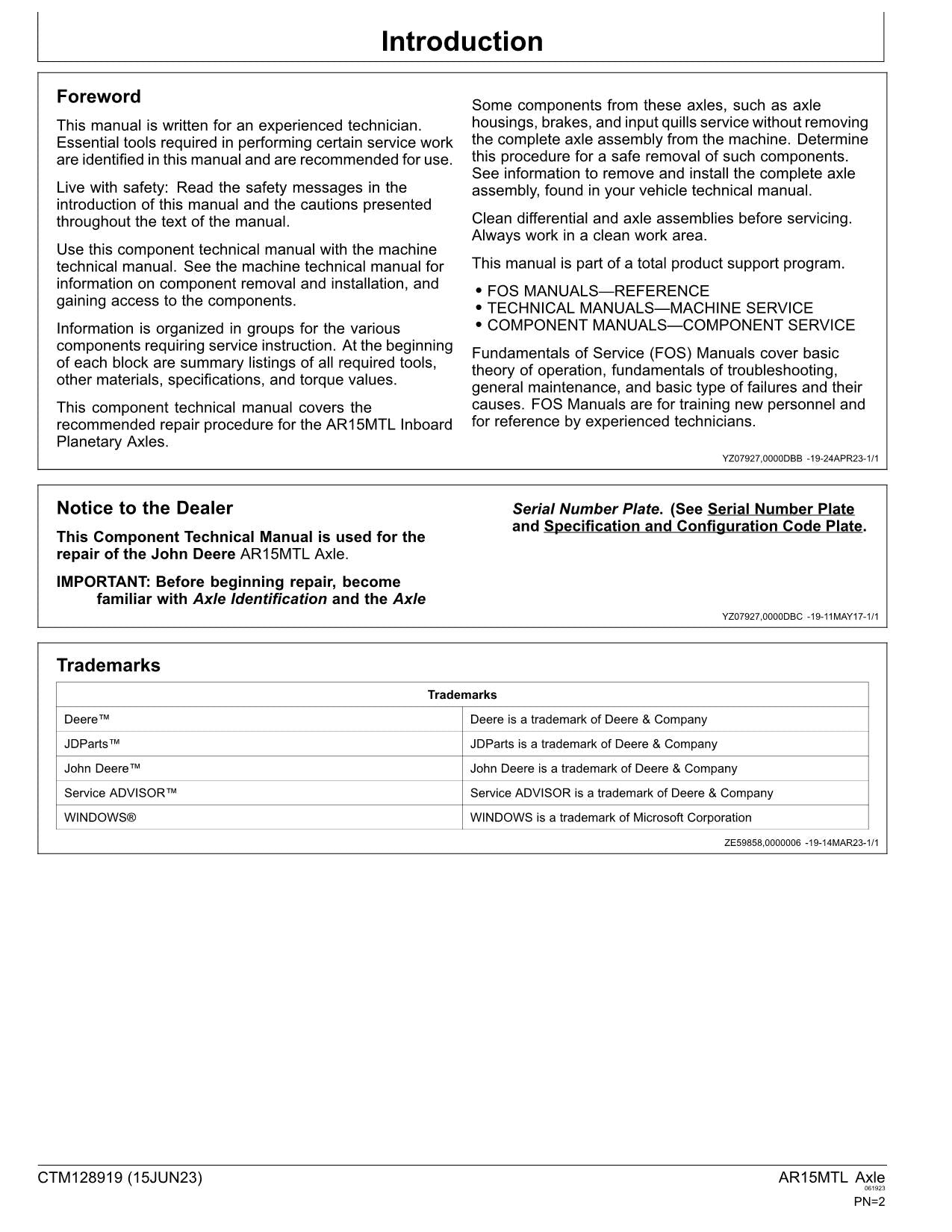 JOHN DEERE AR15MTL 1200 1400 1600 AR15MTL INBOARD PLANETARY AXLE SERVICE MANUAL