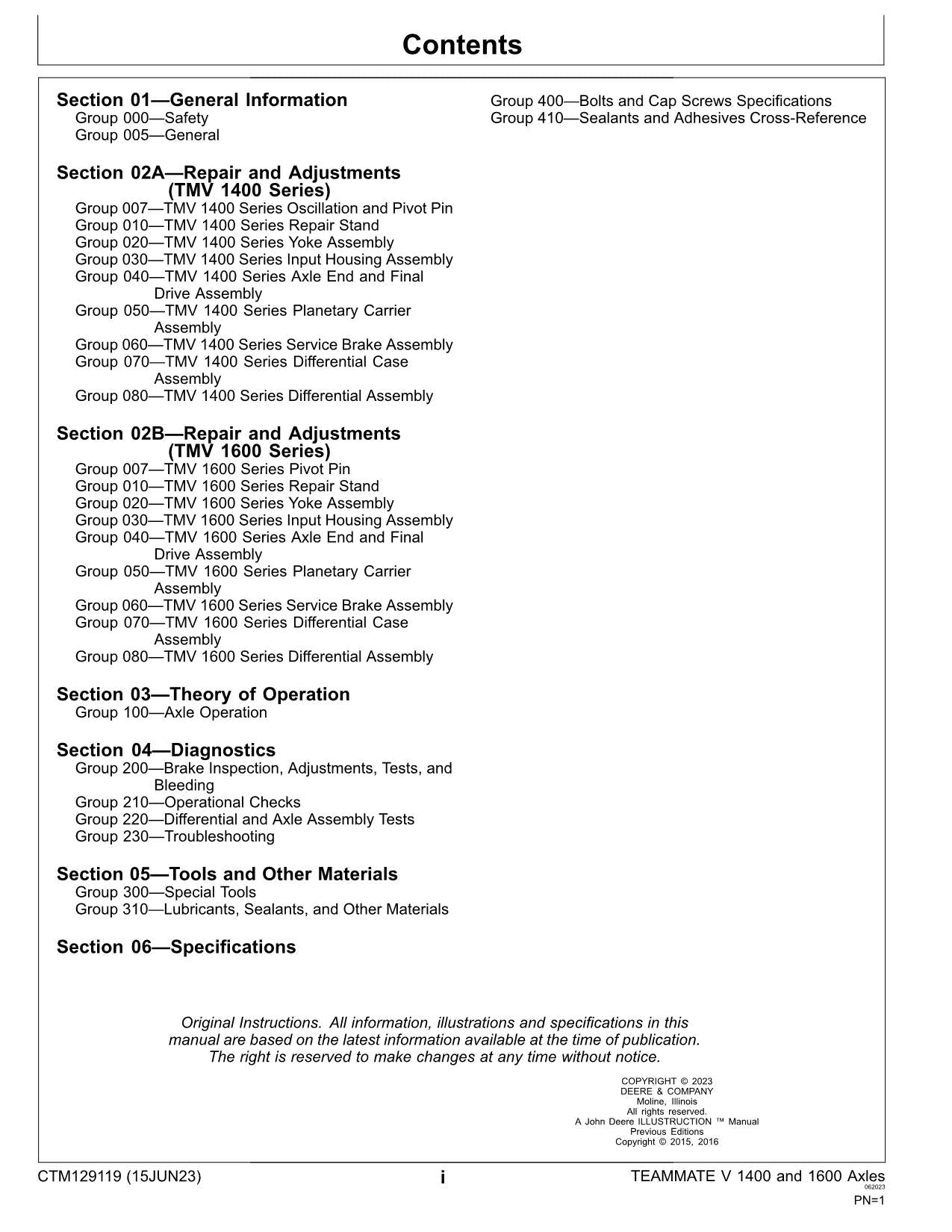 JOHN DEERE TEAMMATE TM V1400 1600 SERIES INBOARD PLANETARY AXLE SERVICE MANUAL