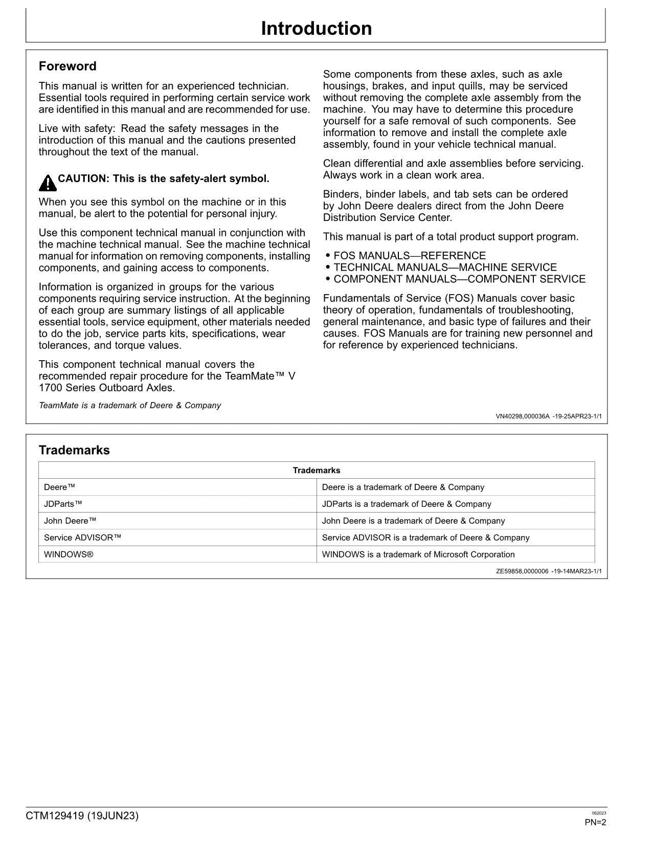 JOHN DEERE TEAMMATE TM V 1700 SERIES OUTBOARD PLANETARY AXLE SERVICE MANUAL