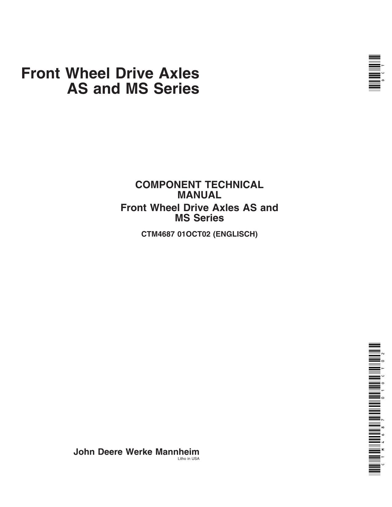 JOHN DEERE 6020 6120 6220 6320 6420 6420S 6620 6820 ACHSEN ALS MS SERVICEHANDBUCH