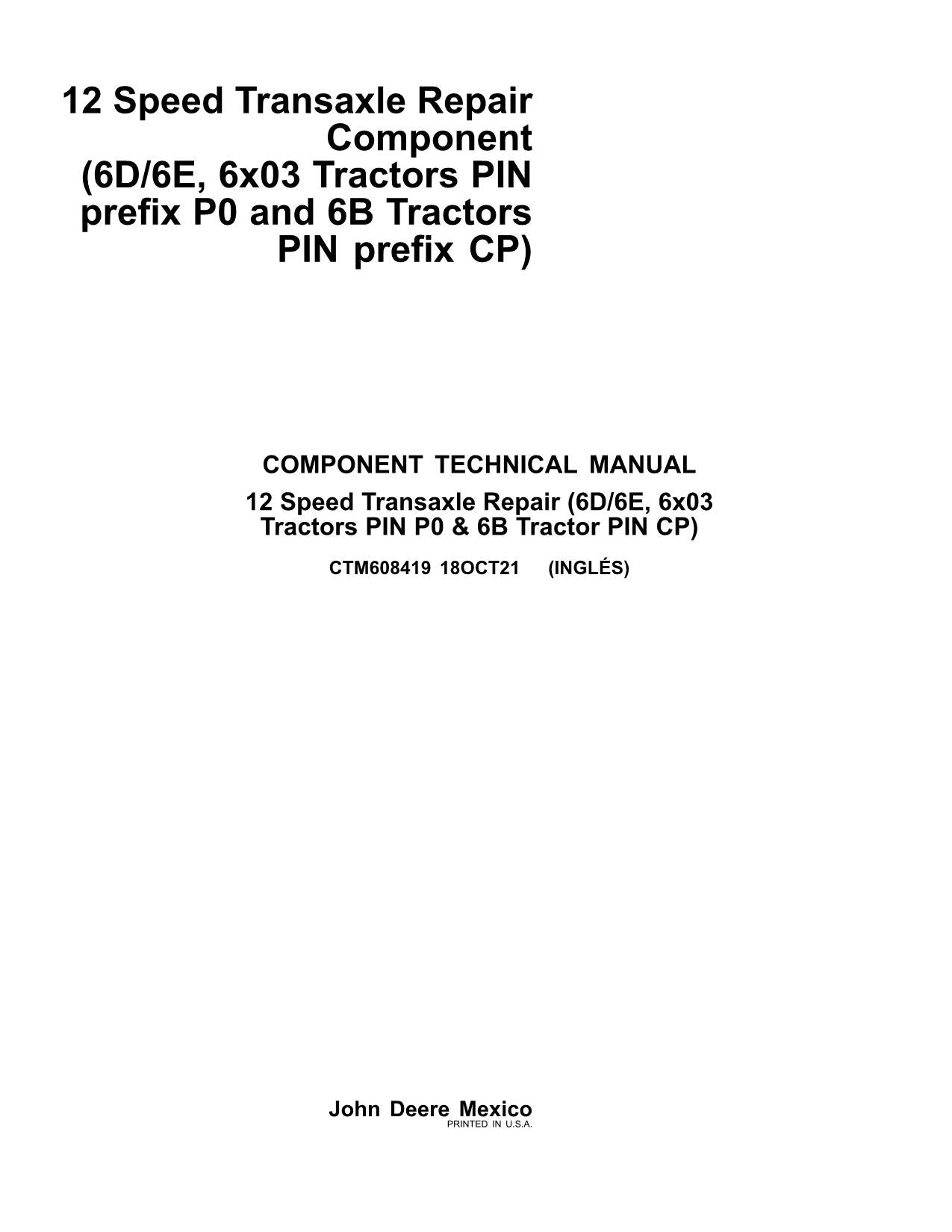 JOHN DEERE 6B-1104 6125E 6115E 6125D SPEED TRANSAXLE REPAIR SERVICE MANUAL