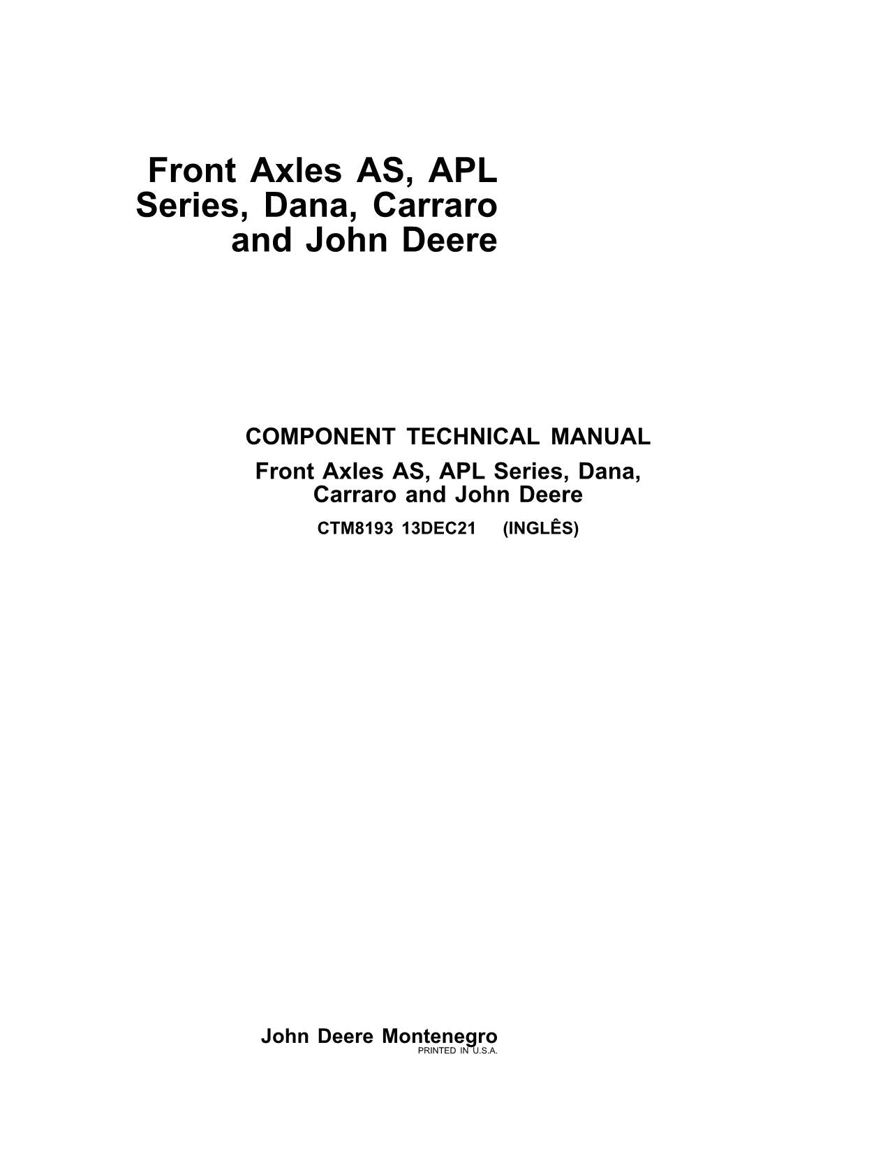 JOHN DEERE 6135M 6115J 5078E 7195J 5070E 7200J FRONT AXLE AS APL SERVICE MANUAL