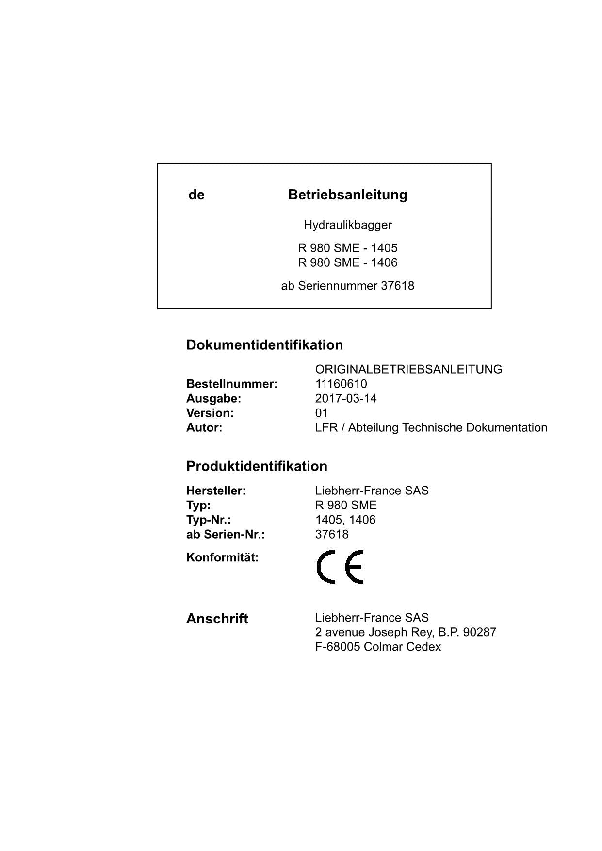 Liebherr R980 SME Hydraulikbagger Manuel d'instructions ser 37618