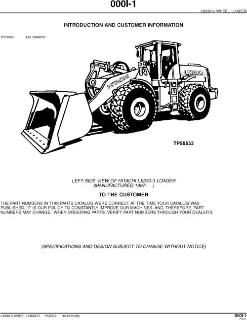 HITACHI JOHN DEERE LX230-3 LOADER PARTS CATALOG MANUAL