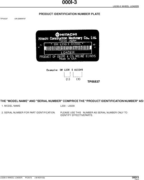 HITACHI JOHN DEERE LX230-3 LOADER PARTS CATALOG MANUAL