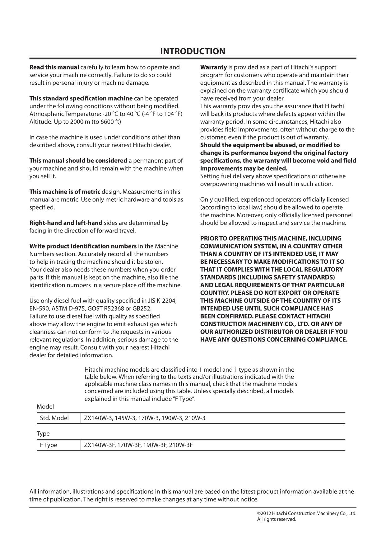 HITACHI ZX ZAXIS 140W-3 190W-3 210W-3 EXCAVATOR OPERATORS MANUAL