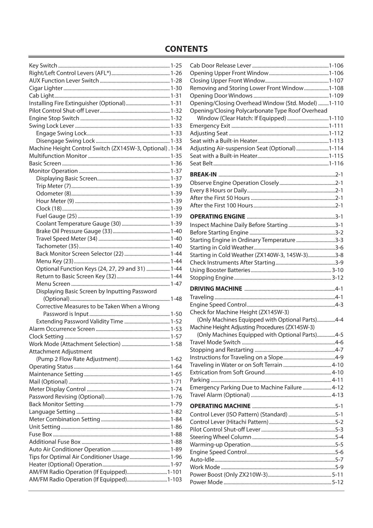 HITACHI ZX ZAXIS 140W-3 190W-3 210W-3 EXCAVATOR OPERATORS MANUAL