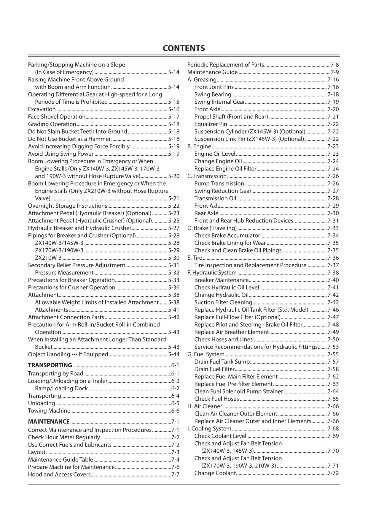 HITACHI ZX ZAXIS 140W-3 190W-3 210W-3 EXCAVATOR OPERATORS MANUAL