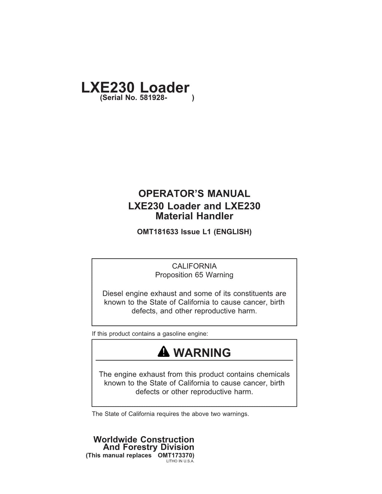 HITACHI LXE230 LOADER OPERATORS MANUAL SER 581928-