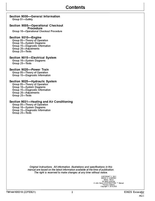 JOHN DEERE E36ZS EXCAVATOR OPERATION TEST SERVICE TECHNICAL MANUAL TM14416X019