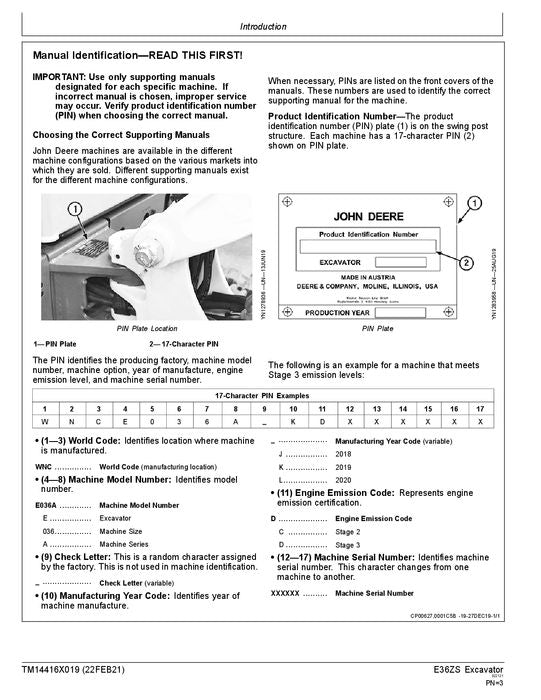 JOHN DEERE E36ZS EXCAVATOR OPERATION TEST SERVICE TECHNICAL MANUAL TM14416X019