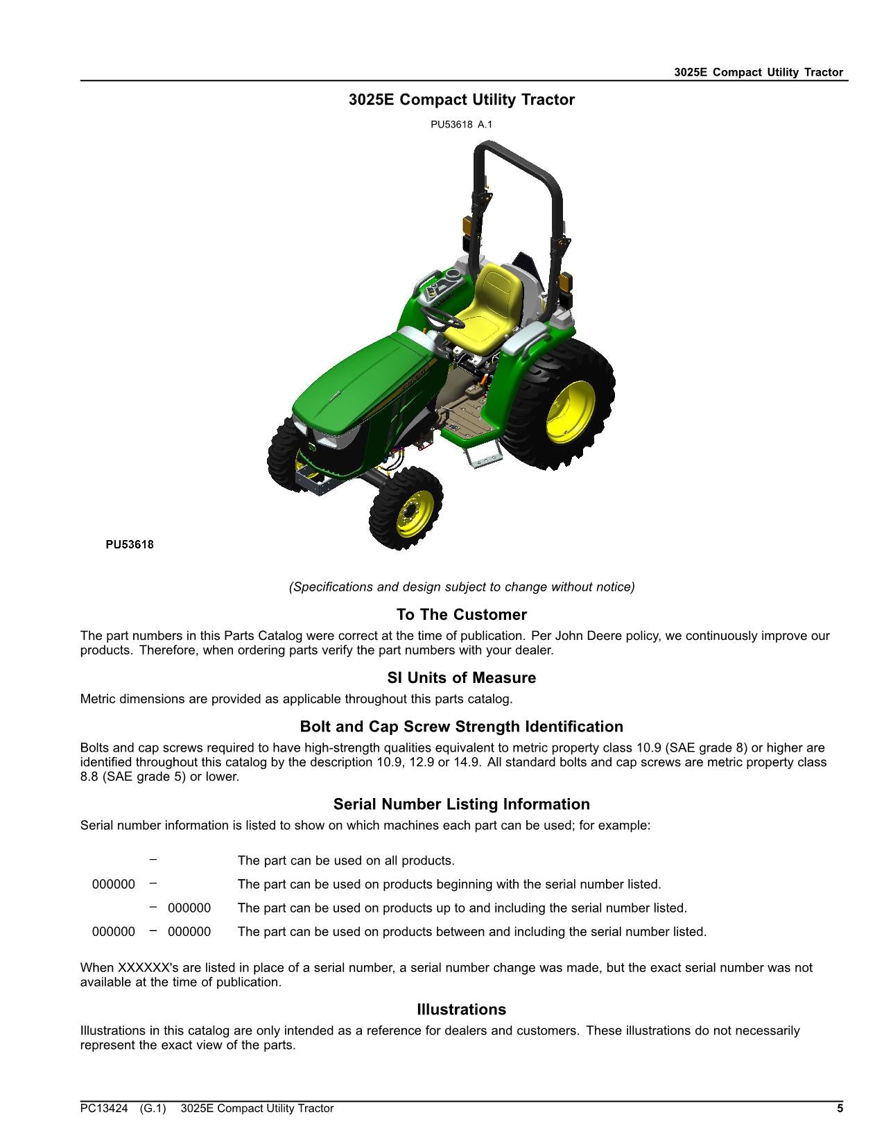 JOHN DEERE 3025E COMPACT UTILITY TRACTOR PARTS CATALOG MANUAL