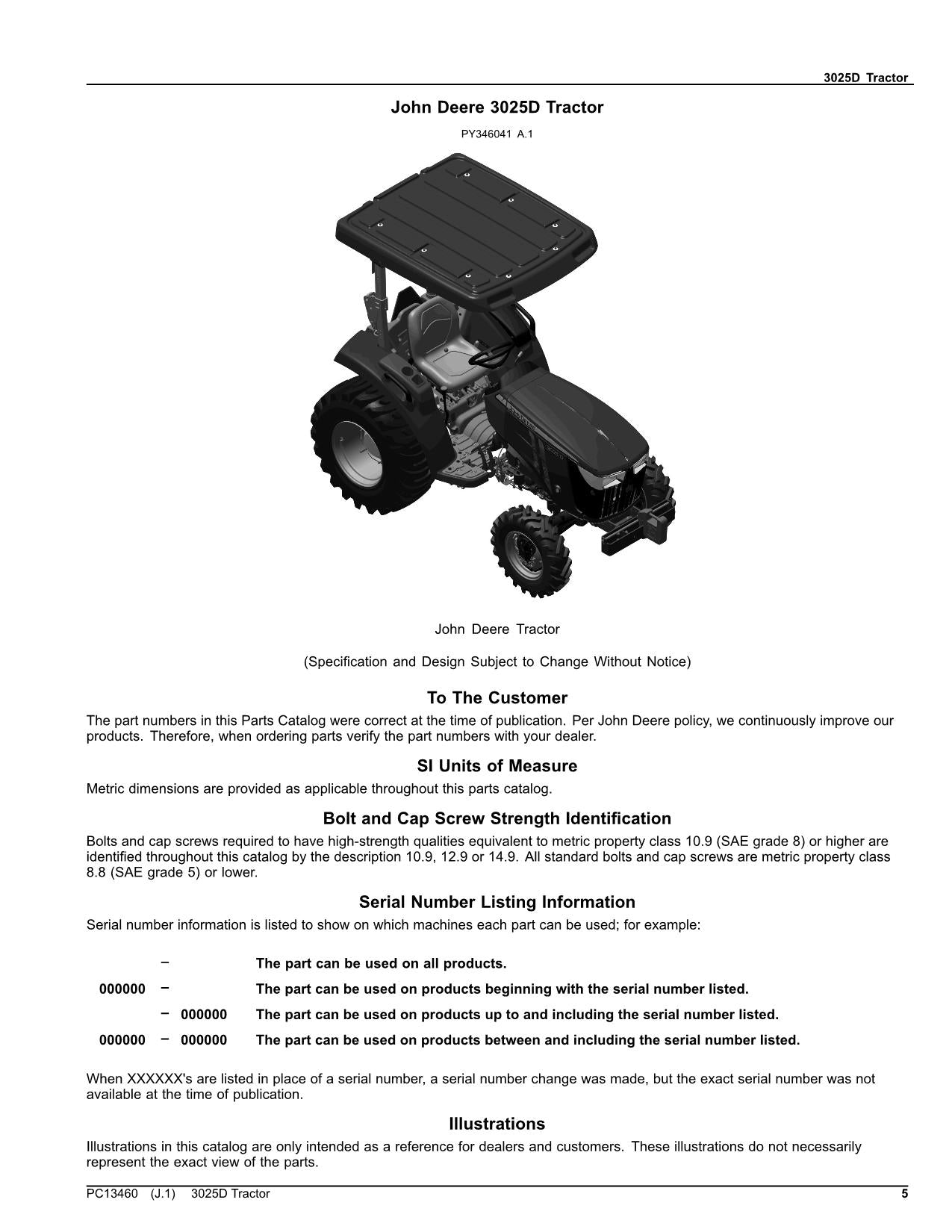 JOHN DEERE 3025D TRACTOR PARTS CATALOG MANUAL