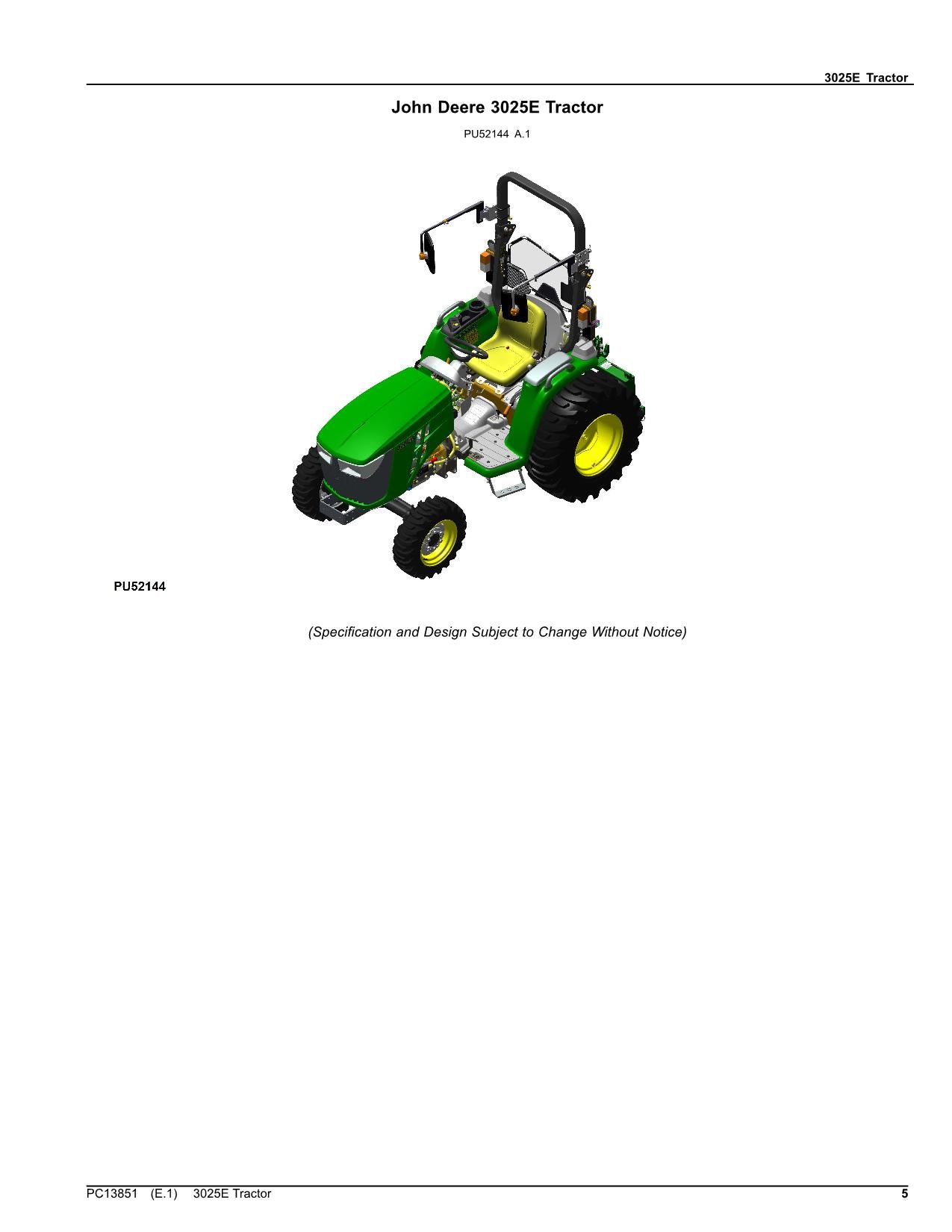 JOHN DEERE 3025E TRACTOR PARTS CATALOG MANUAL Worldwide