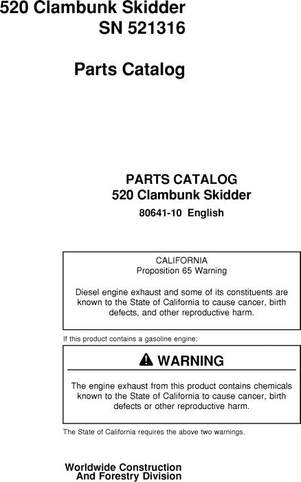 JOHN DEERE 520 CLAMBUNK PARTS CATALOG MANUAL