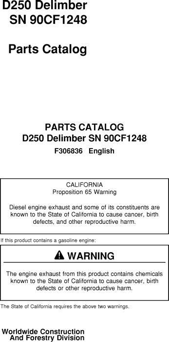 JOHN DEERE D250 DELIMBER PARTS CATALOG MANUAL 90CF1248