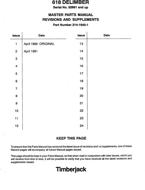 JOHN DEERE 618  DELIMBER  PARTS CATALOG MANUAL