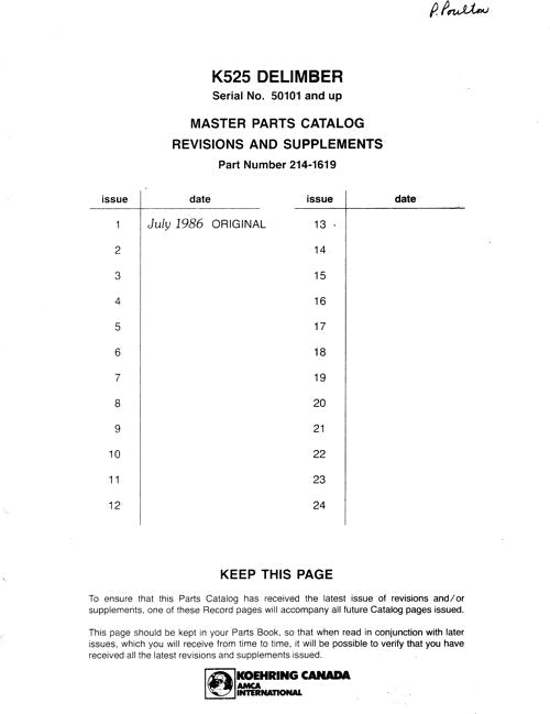 JOHN DEERE K525 DELIMBER PARTS CATALOG MANUAL