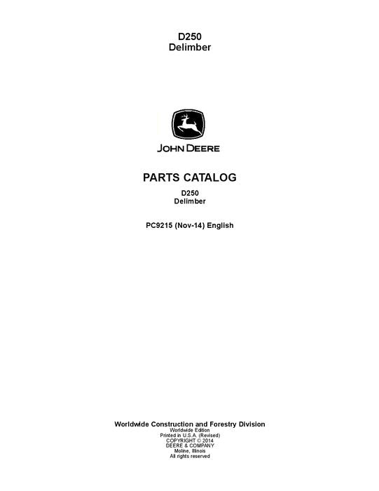 JOHN DEERE D250 DELIMBER PARTS CATALOG MANUAL