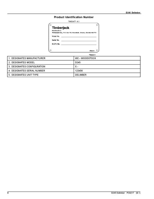 JOHN DEERE D245 DELIMBER PARTS CATALOG MANUAL