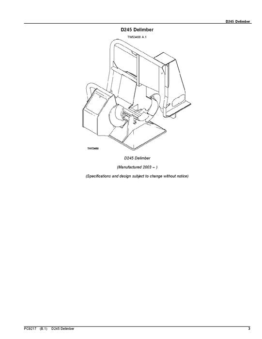 JOHN DEERE D245 DELIMBER PARTS CATALOG MANUAL