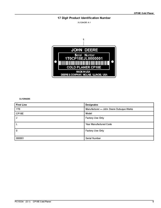 JOHN DEERE CP18E COLD PLANER PARTS CATALOG