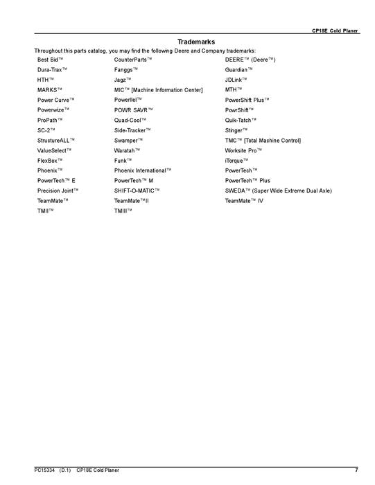 JOHN DEERE CP18E COLD PLANER PARTS CATALOG