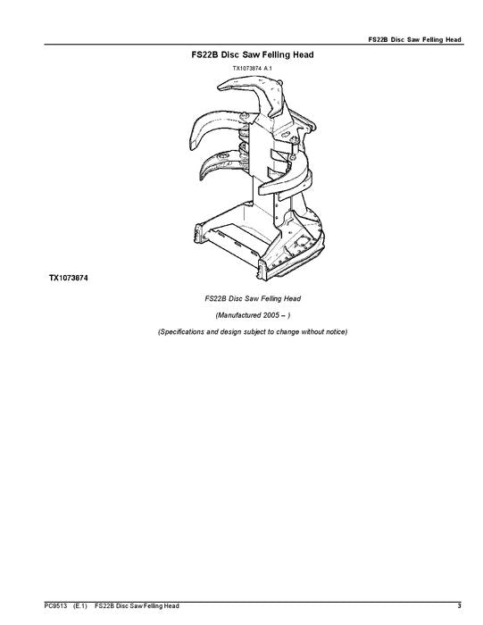 JOHN DEERE FS22B Dtt Disc Saw Felling Head Parts Catalog Manual