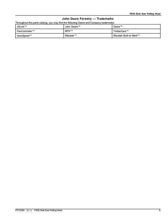JOHN DEERE FS50 Dtt Disc Saw Felling Head Parts Catalog Manual