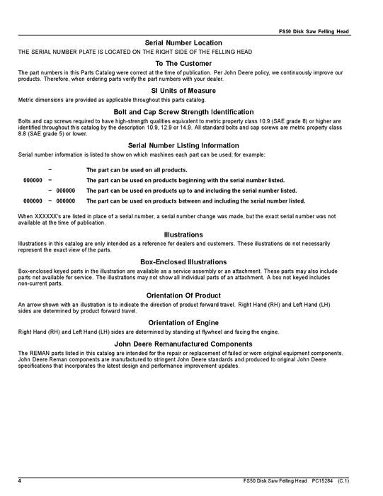 JOHN DEERE FS50 Dtt Disc Saw Felling Head Parts Catalog Manual