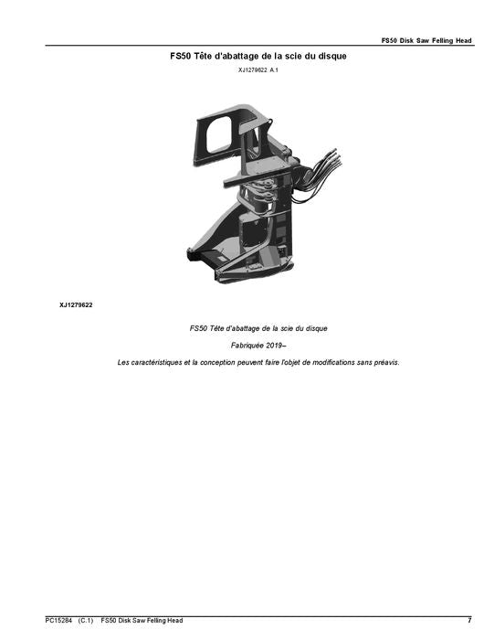 JOHN DEERE FS50 Dtt Disc Saw Felling Head Parts Catalog Manual