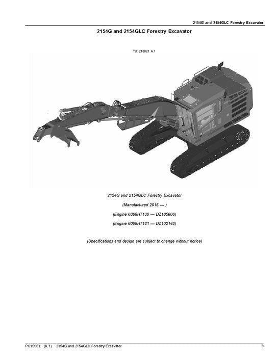 JOHN DEERE 2154G 2154GLC FORESTY EXCAVATOR PARTS CATALOG MANUAL C212001-