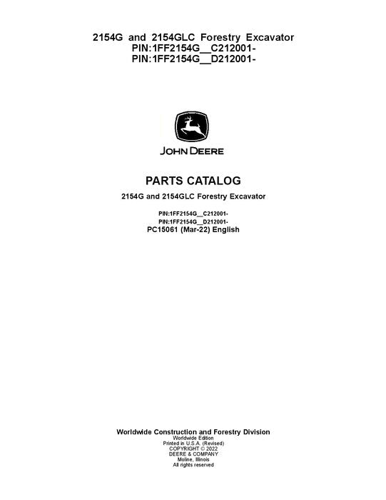 JOHN DEERE 2154G 2154GLC FORESTY EXCAVATOR PARTS CATALOG MANUAL C212001-