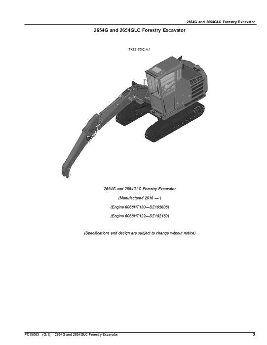 JOHN DEERE 2654G 2654GLC FORESTY EXCAVATOR PARTS CATALOG MANUAL D260001-