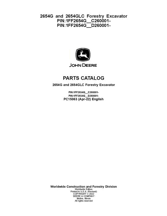 JOHN DEERE 2654G 2654GLC FORESTY EXCAVATOR PARTS CATALOG MANUAL D260001-