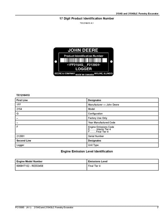 JOHN DEERE 2154G 2154GLC FORESTY EXCAVATOR PARTS CATALOG MANUAL F212001-