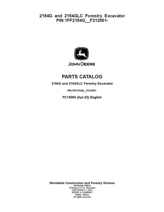 JOHN DEERE 2154G 2154GLC FORESTY EXCAVATOR PARTS CATALOG MANUAL F212001-