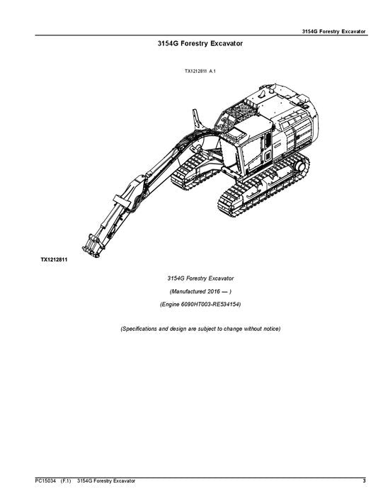 JOHN DEERE 3154G FORESTY EXCAVATOR PARTS CATALOG MANUAL 1FF3154G_D310001-