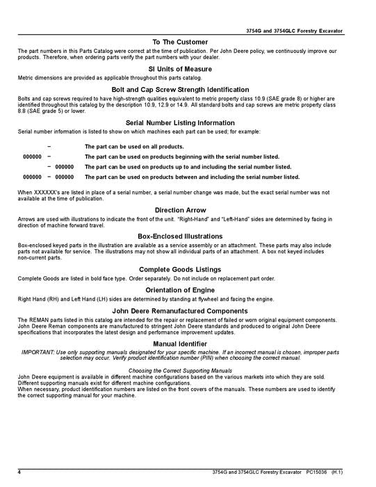 JOHN DEERE 3754G 3756GLC FORESTY EXCAVATOR PARTS CATALOG MANUAL