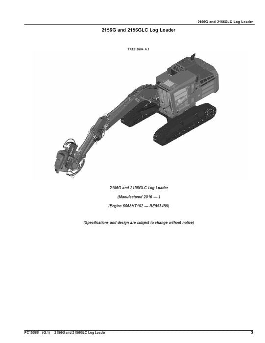 JOHN DEERE 2156G 2156GLC LOG LOADER PARTS CATALOG MANUAL 1FF2156G_F216001-